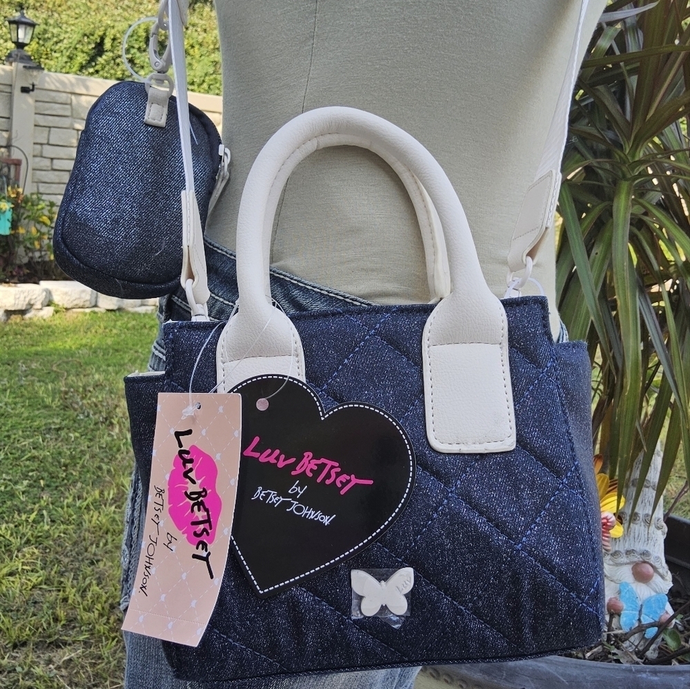 BETSEY JOHNSON DENIM BUTTERFLY LUV BETSEY SATCHELw/POUCH - Picture 1 of 6